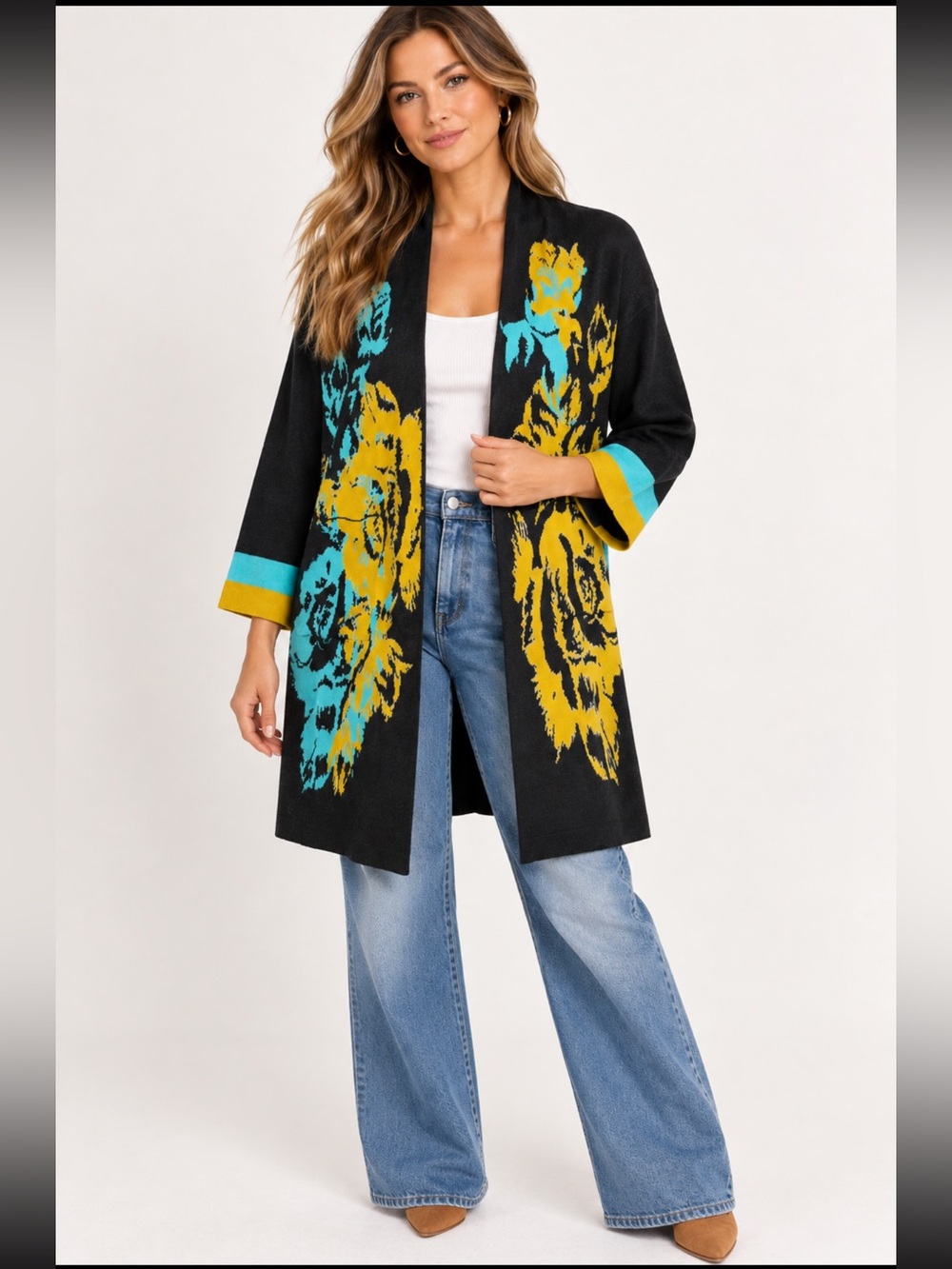 ESSITAM Cardigan Boho Soft Blck/Yellow/ Aqua  NWT
